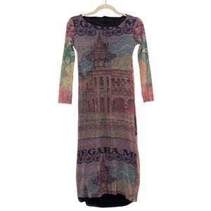 Gazebo Italy Y2K Mesh Midi Dress Size S Off Shoulder Cathedral Print 3/4 Sleeve